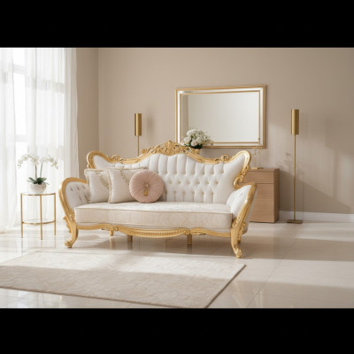 A luxurious and relaxing sofa in a classic style with golden patterns.