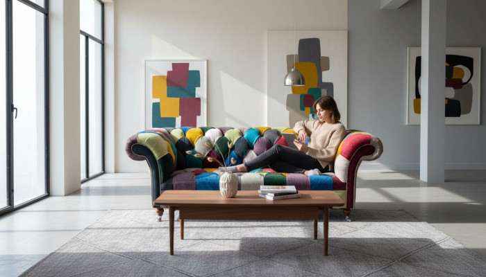 Chesterfield sofa upholstery design multicolored seat textile couch living room