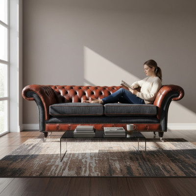 Modern design living room sofa 3-seater brown Chesterfield couch leather upholstery textile new