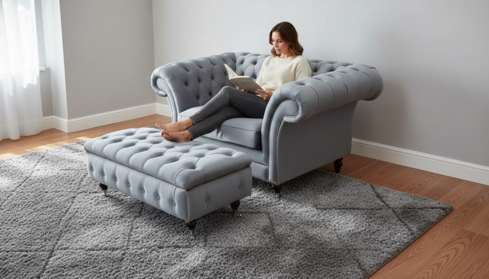 Chesterfield Wingback Chair Footstool Armchair Couch Upholstery Set Gray Fabric