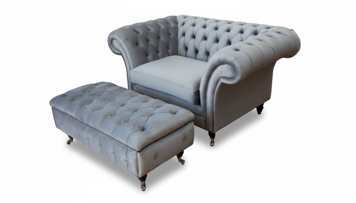 Chesterfield Wingback Chair Footstool Armchair Couch Upholstery Set Gray Fabric