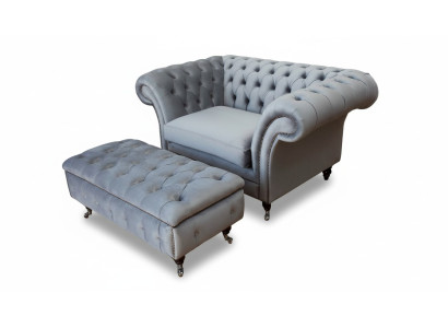 Chesterfield Wingback Chair Footstool Armchair Couch Upholstery Set Gray Fabric