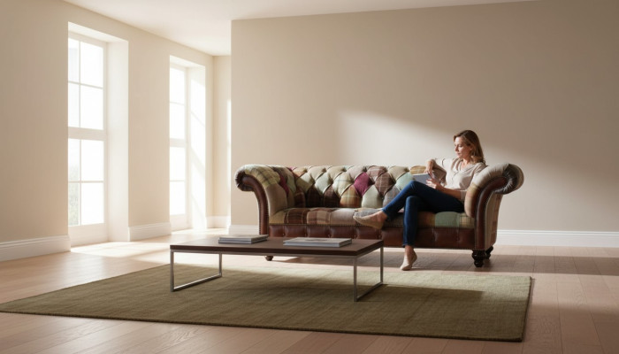 Colorful designer sofa in Chesterfield design with three seats