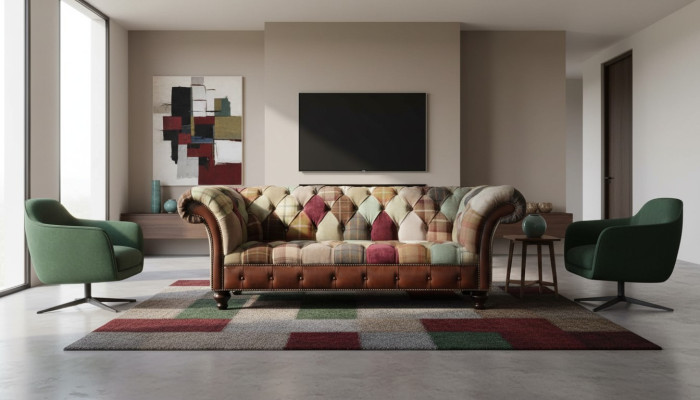 Colorful designer sofa in Chesterfield design with three seats