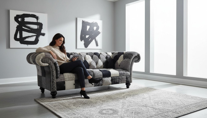 Luxurious velvet sofa in Chesterfield design with colorful checks