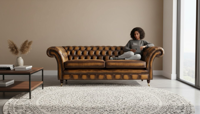 Brown sofa 3-seater couch design Chesterfield upholstery seat leather new