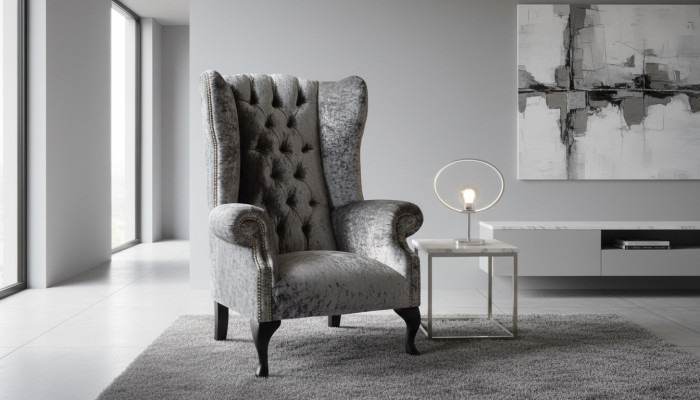Chesterfield Wingback Chair, Armchair, Sofa, 1-Seater, Gray Fabric, Textile, New