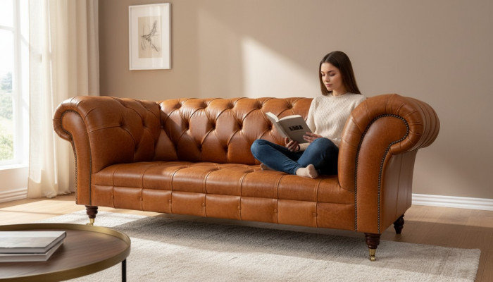Cognac Sofa 3-Seater Upholstered Sofas Design Luxury Furniture Leather Couches Three-Seater