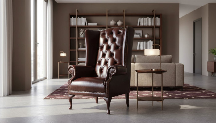 Single-seat armchair brown living room leather design Chesterfield wingback chair