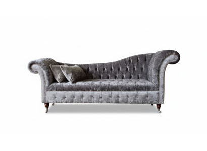 A luxurious, classic Chesterfield-style sofa in a rich silver tone.