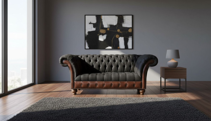 Sofa 2-seater Couch Upholstered Sofa Fabric Chesterfield Couch Gray New