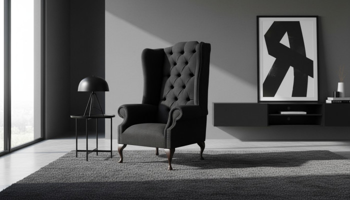 Wing chair armchair seater black design upholstery Chesterfield textile new