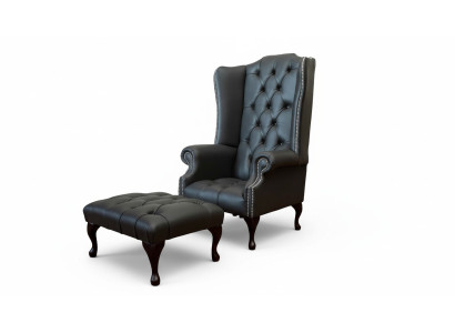Armchair with stool designer upholstered armchair Chesterfield wingback chair new