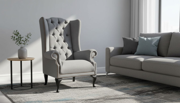 Chesterfield Wing Chair Sofa Couch Upholstered 1-Seater Gray Armchair Fabric