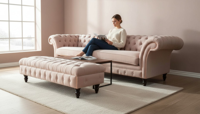 A luxurious pink four-seater sofa in Chesterfield design, including seat cushions
