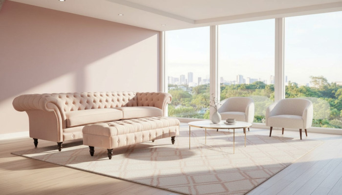 A luxurious pink four-seater sofa in Chesterfield design, including seat cushions