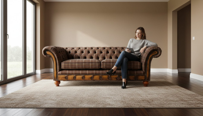 Chesterfield 3-seater couch, upholstered textile sofas, living room sofa, new.