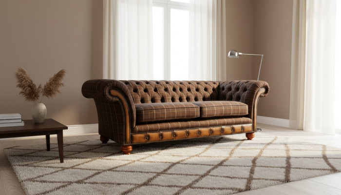 Chesterfield 3-seater couch, upholstered textile sofas, living room sofa, new.