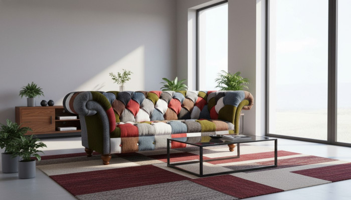 Chesterfield couch 3-seater upholstered seating fabric textile multicolored sofa
