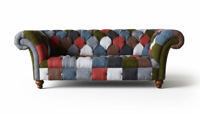 Chesterfield couch 3-seater upholstered seating fabric textile multicolored sofa