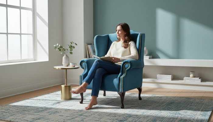 Wingback armchair single-seater Chesterfield couch blue sofa upholstery furniture new