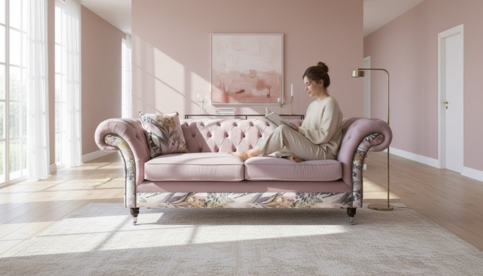 A lively three-seater Chesterfield sofa with a delicate pink floral pattern