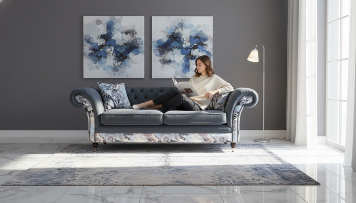 A striking three-seater sofa in Chesterfield design with delicate gray floral decoration.