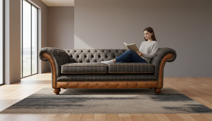 3-seater designer sofa couch upholstered in brown fabric textile new