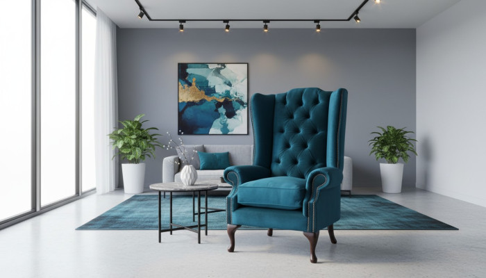 Gray wingback armchair armchair design upholstery Chesterfield fabric living room