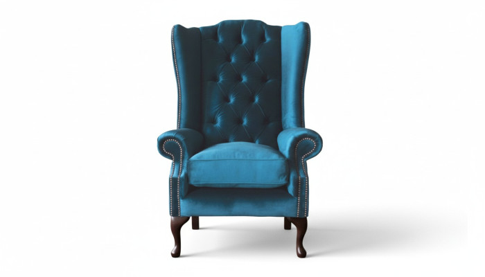 Gray wingback armchair armchair design upholstery Chesterfield fabric living room