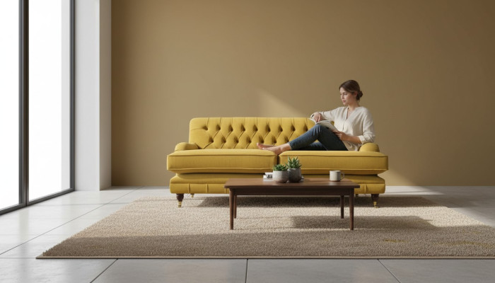 Sofa 3-Seater Yellow Upholstered Sofa Living Room Elegant Design Classic