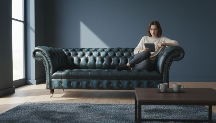 Classic 3-seat couch upholstery seat Chesterfield fabric leather blue