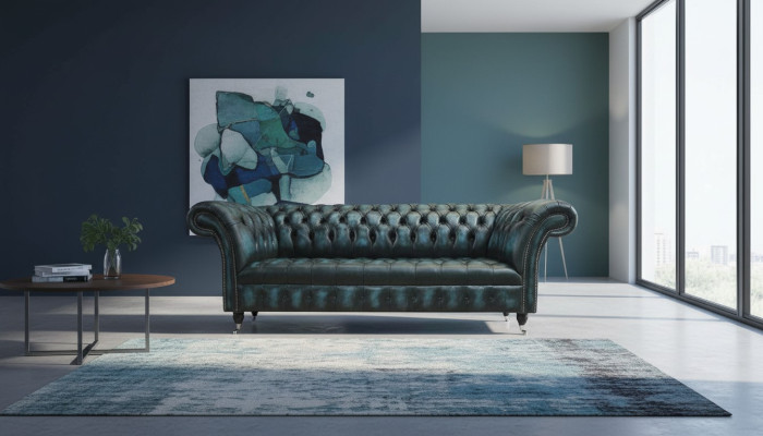 Classic 3-seat couch upholstery seat Chesterfield fabric leather blue