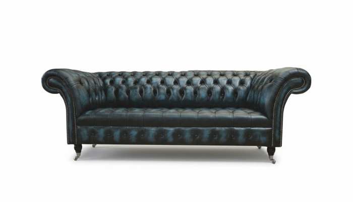 Classic 3-seat couch upholstery seat Chesterfield fabric leather blue