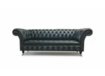 Classic 3-seat couch upholstery seat Chesterfield fabric leather blue