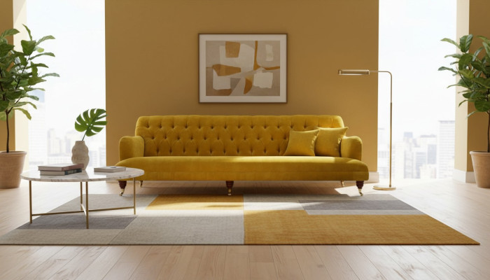 Design Chesterfield Chesterfield Fabric Yellow 5-Seater Sofa Upholstery New