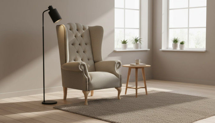 Gray wingback armchair armchair design upholstery Chesterfield fabric living room