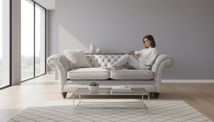 Modern three-seater design upholstered fabric sofa 3-seater living room sofa Chesterfield beige