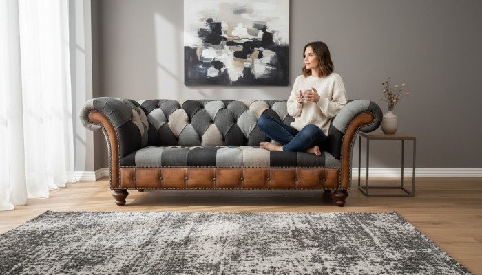 Chesterfield 3-seater couch upholstered in fabric, living room sofa, new