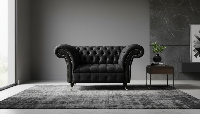 Chesterfield Armchair Design Upholstered Sofa Black Textile Fabric Lounge
