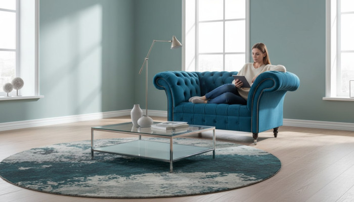 Chesterfield Armchair Design Upholstered Sofa Couch Blue Textile Furniture