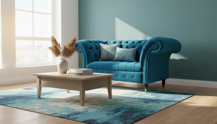 Chesterfield Armchair Design Upholstered Sofa Couch Blue Textile Furniture