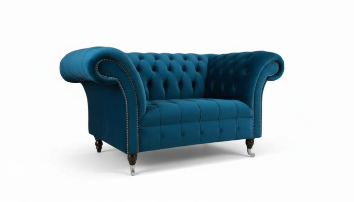 Chesterfield Armchair Design Upholstered Sofa Couch Blue Textile Furniture