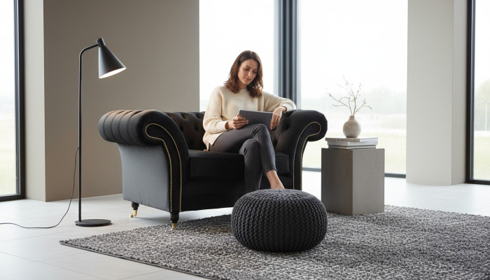 Chesterfield Armchair Lounge Black Sofa Couch Upholstery Modern Textile New