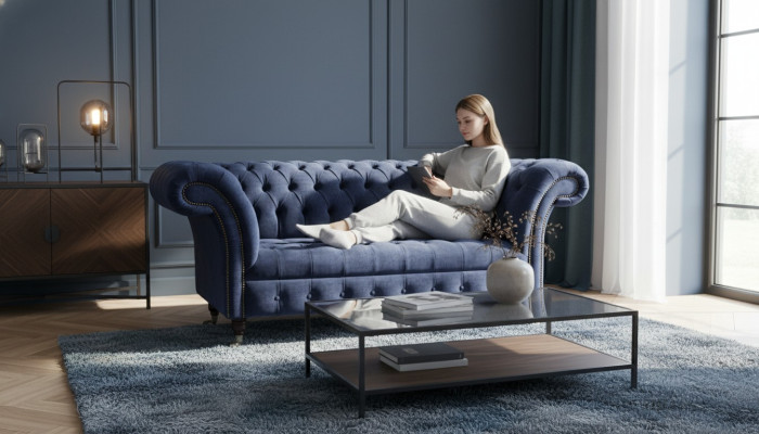 Chesterfield Design Sofa Couch 2-seater Upholstered Blue Sofas Couches New