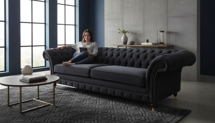 Three-seater couch, black upholstery sofa, 3-seat sofas, room furniture design