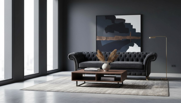 Three-seater couch, black upholstery sofa, 3-seat sofas, room furniture design