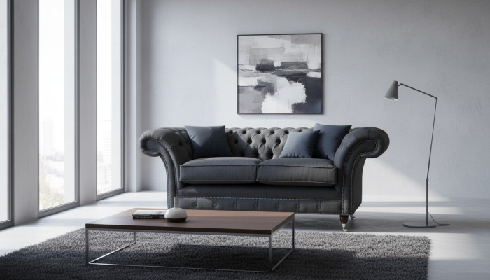 Chesterfield Sofa 2-Seater Couch Upholstery Fabric Couches Gray Textile New