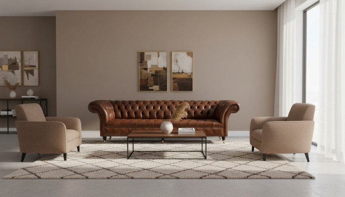 Sofa 4-Seater Luxury Furniture Chesterfield Leather Brown Design Modern Style