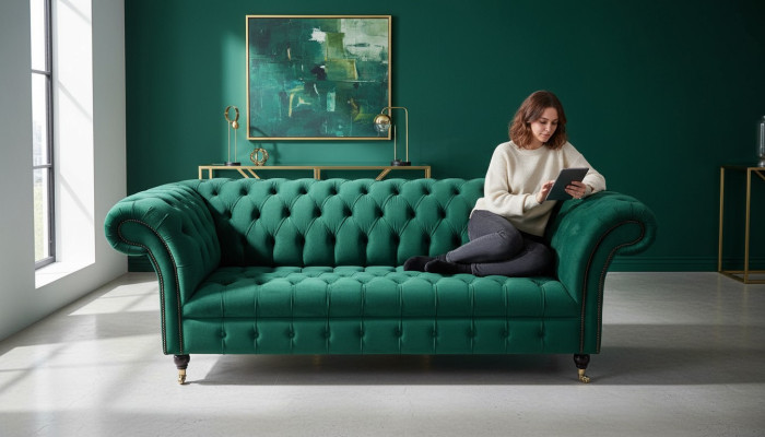 Three-seater sofa 3-seater luxury seat modern sofas green fabric Chesterfield